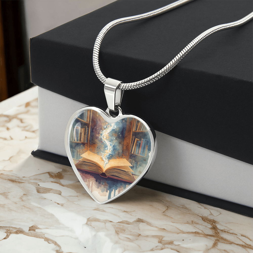 The Open Book Pendant - Personalizable With Engraving Option - Watercolor Library Background