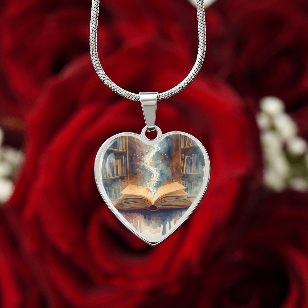The Open Book Pendant - Personalizable With Engraving Option - Watercolor Library Background
