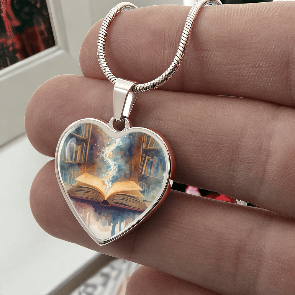 The Open Book Pendant - Personalizable With Engraving Option - Watercolor Library Background