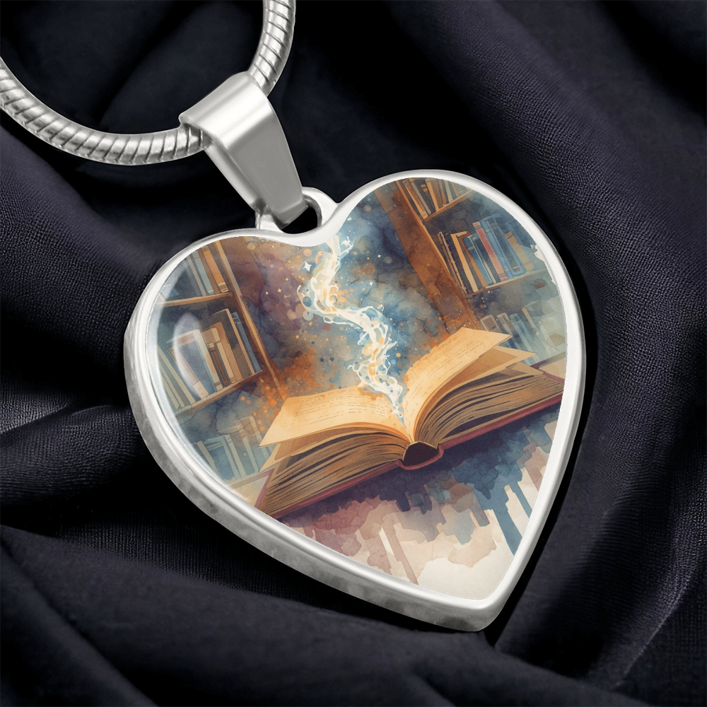 The Open Book Pendant - Personalizable With Engraving Option - Watercolor Library Background