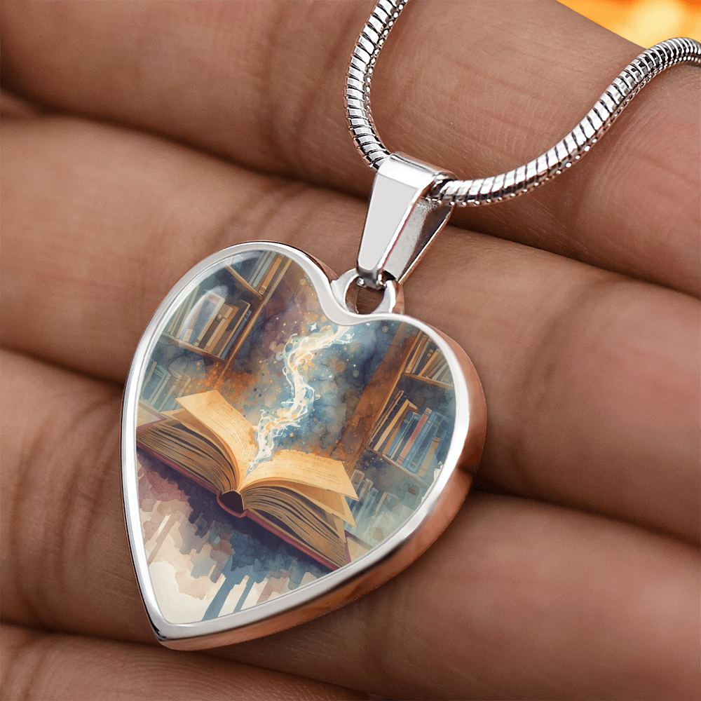 The Open Book Pendant - Personalizable With Engraving Option - Watercolor Library Background