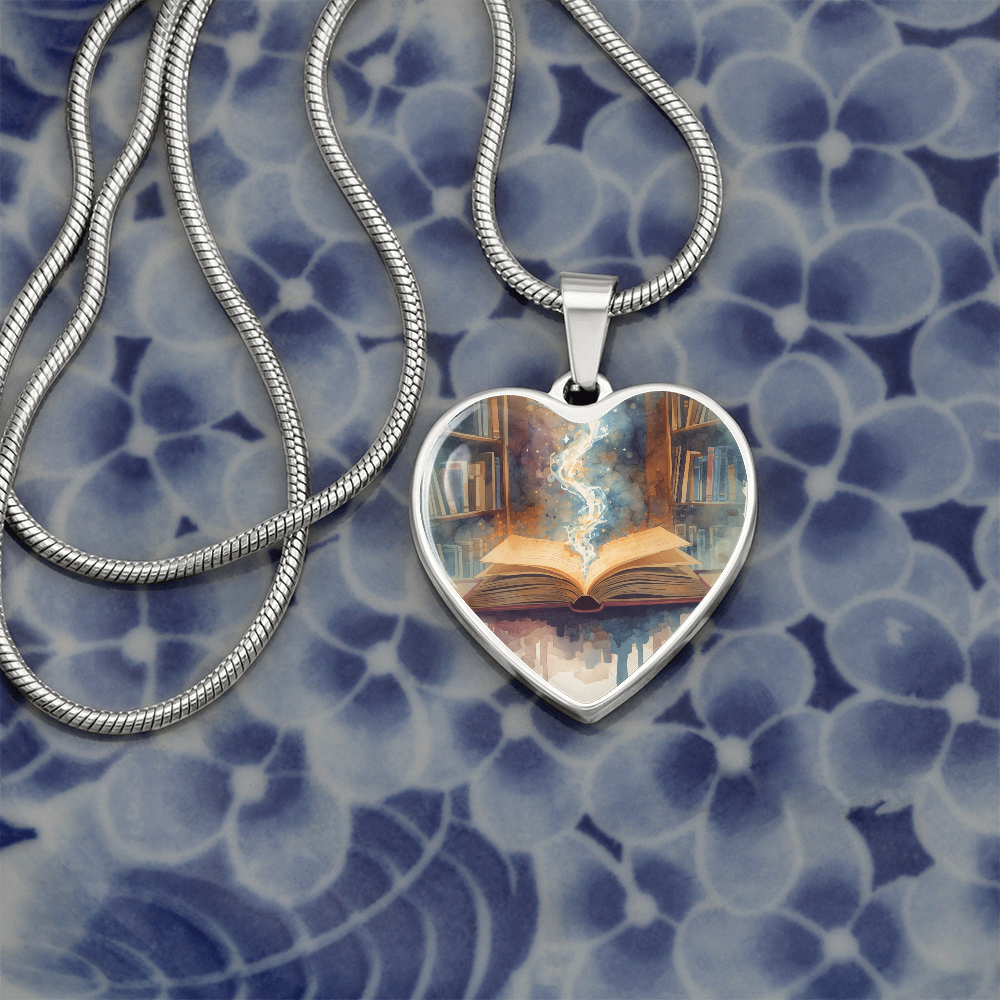 The Open Book Pendant - Personalizable With Engraving Option - Watercolor Library Background