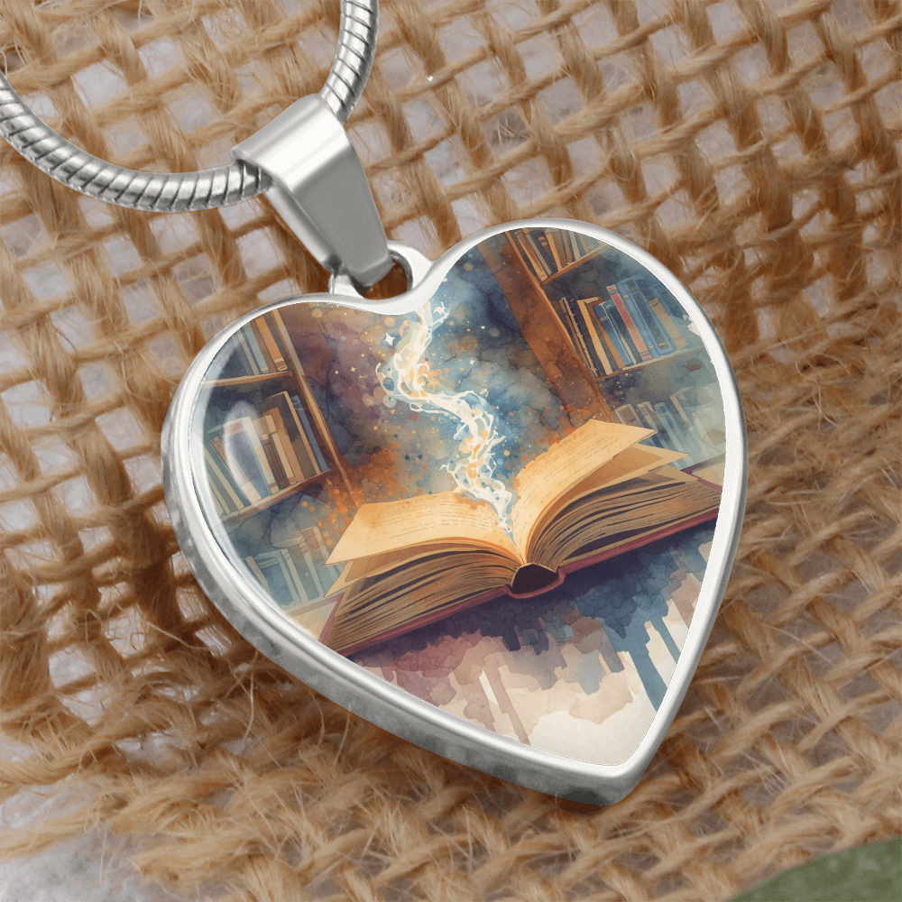 The Open Book Pendant - Personalizable With Engraving Option - Watercolor Library Background