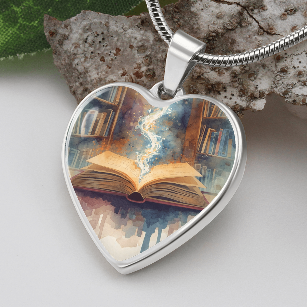 The Open Book Pendant - Personalizable With Engraving Option - Watercolor Library Background