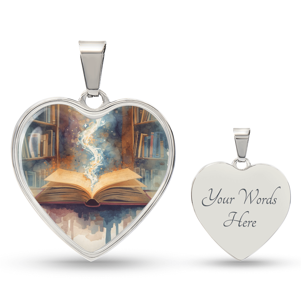 The Open Book Pendant - Personalizable With Engraving Option - Watercolor Library Background