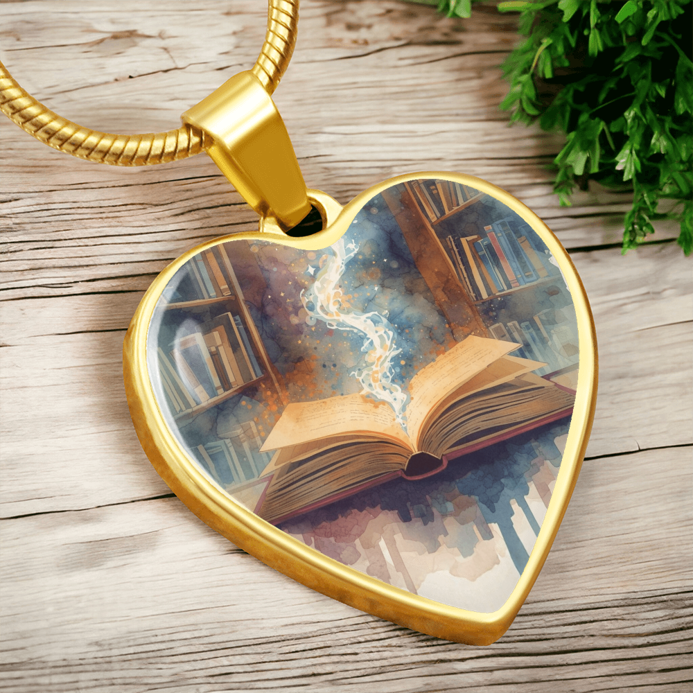 The Open Book Pendant - Personalizable With Engraving Option - Watercolor Library Background
