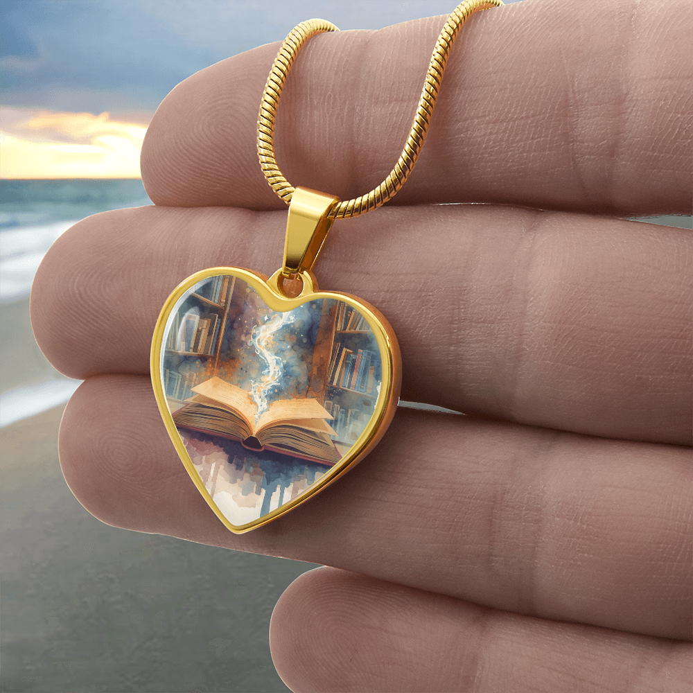 The Open Book Pendant - Personalizable With Engraving Option - Watercolor Library Background
