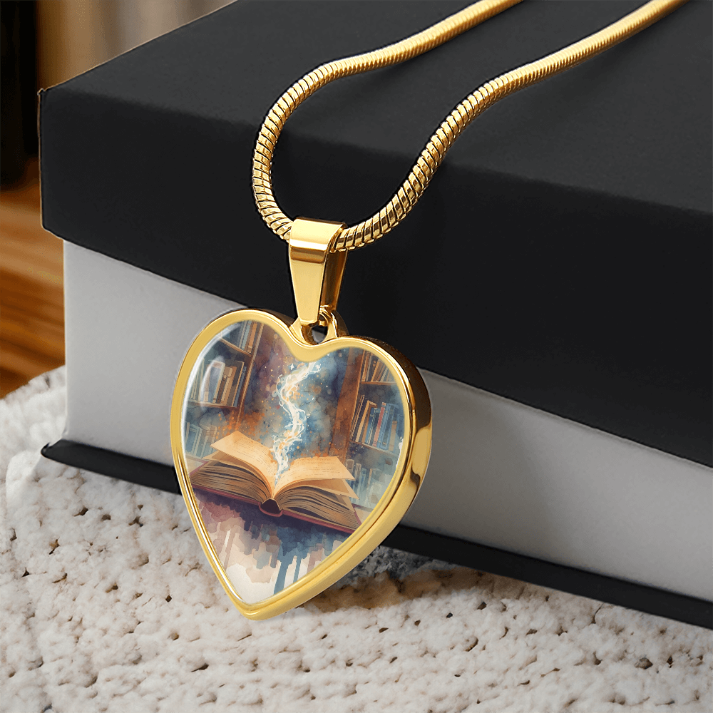 The Open Book Pendant - Personalizable With Engraving Option - Watercolor Library Background