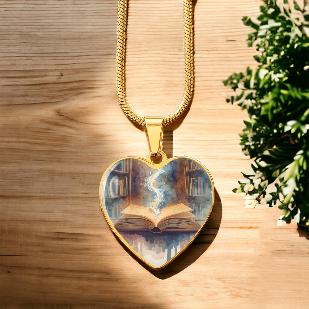 The Open Book Pendant - Personalizable With Engraving Option - Watercolor Library Background