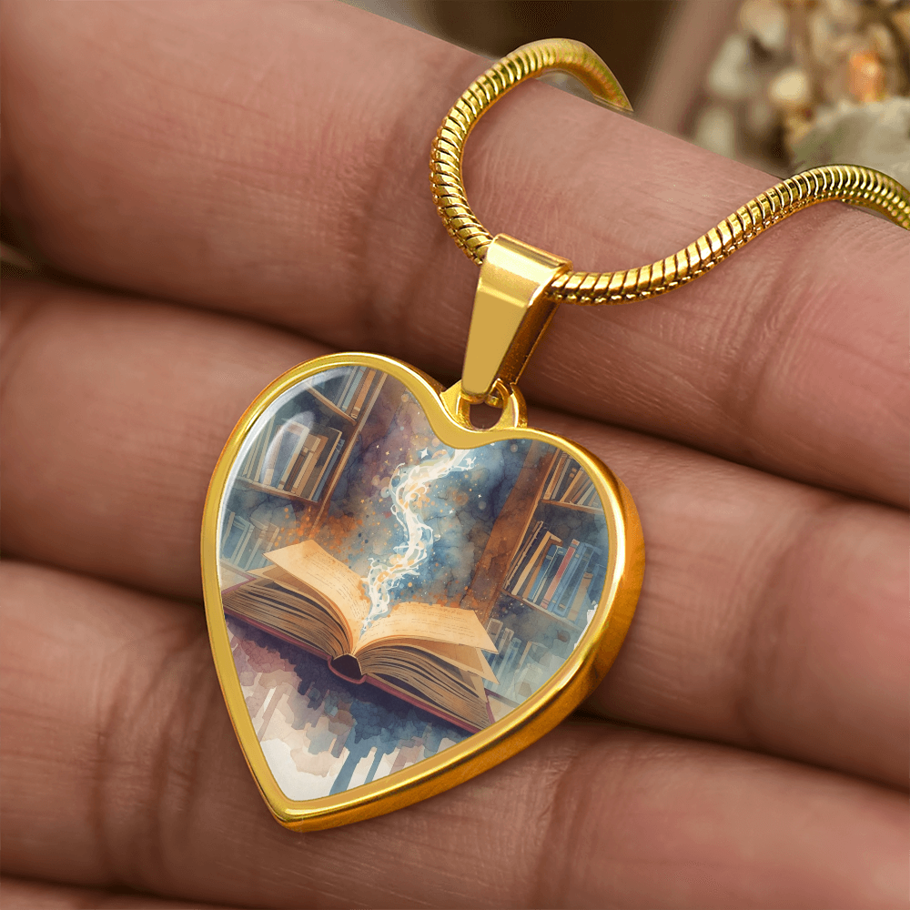 The Open Book Pendant - Personalizable With Engraving Option - Watercolor Library Background
