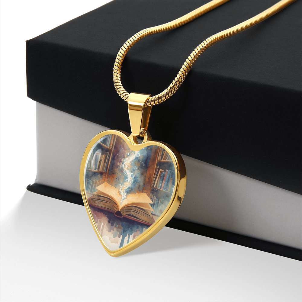The Open Book Pendant - Personalizable With Engraving Option - Watercolor Library Background