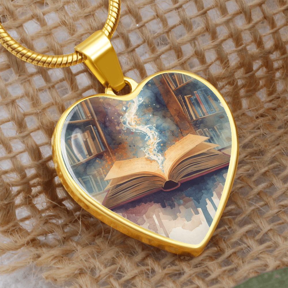 The Open Book Pendant - Personalizable With Engraving Option - Watercolor Library Background
