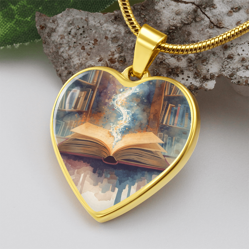 The Open Book Pendant - Personalizable With Engraving Option - Watercolor Library Background