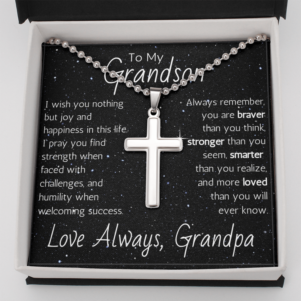 Engraved Artisan Cross For Grandson From Grandpa - Ball Chain