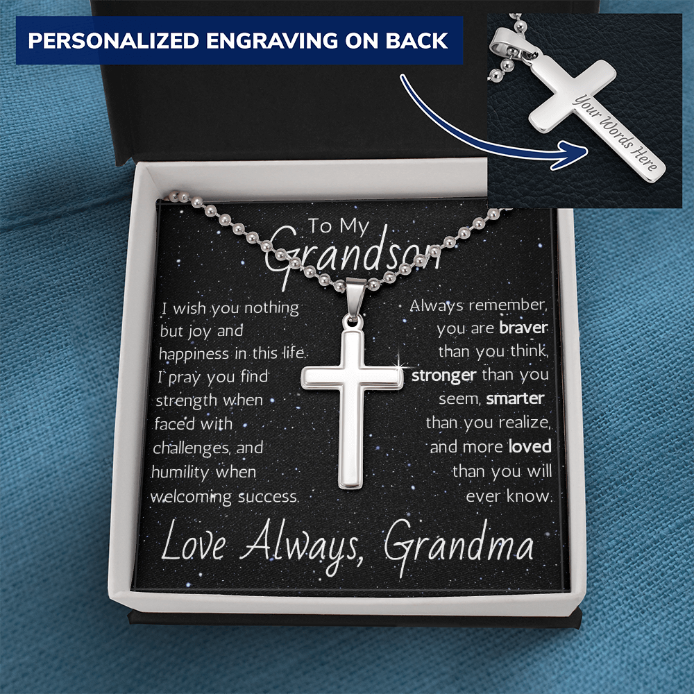 Engraved Artisan Cross For Grandson From Grandma - Ball Chain