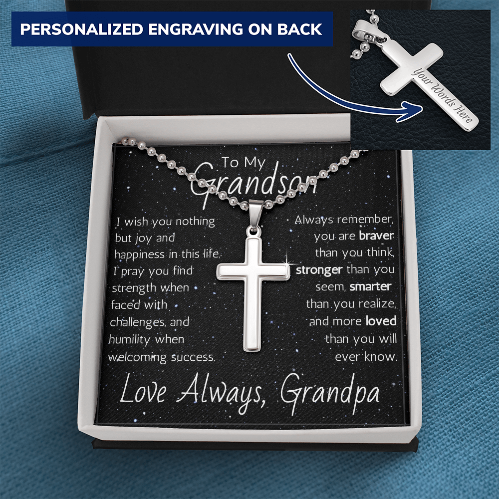 Engraved Artisan Cross For Grandson From Grandpa - Ball Chain