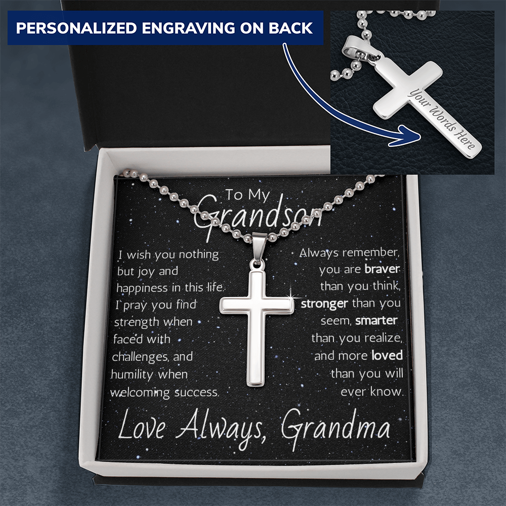 Engraved Artisan Cross For Grandson From Grandma - Ball Chain