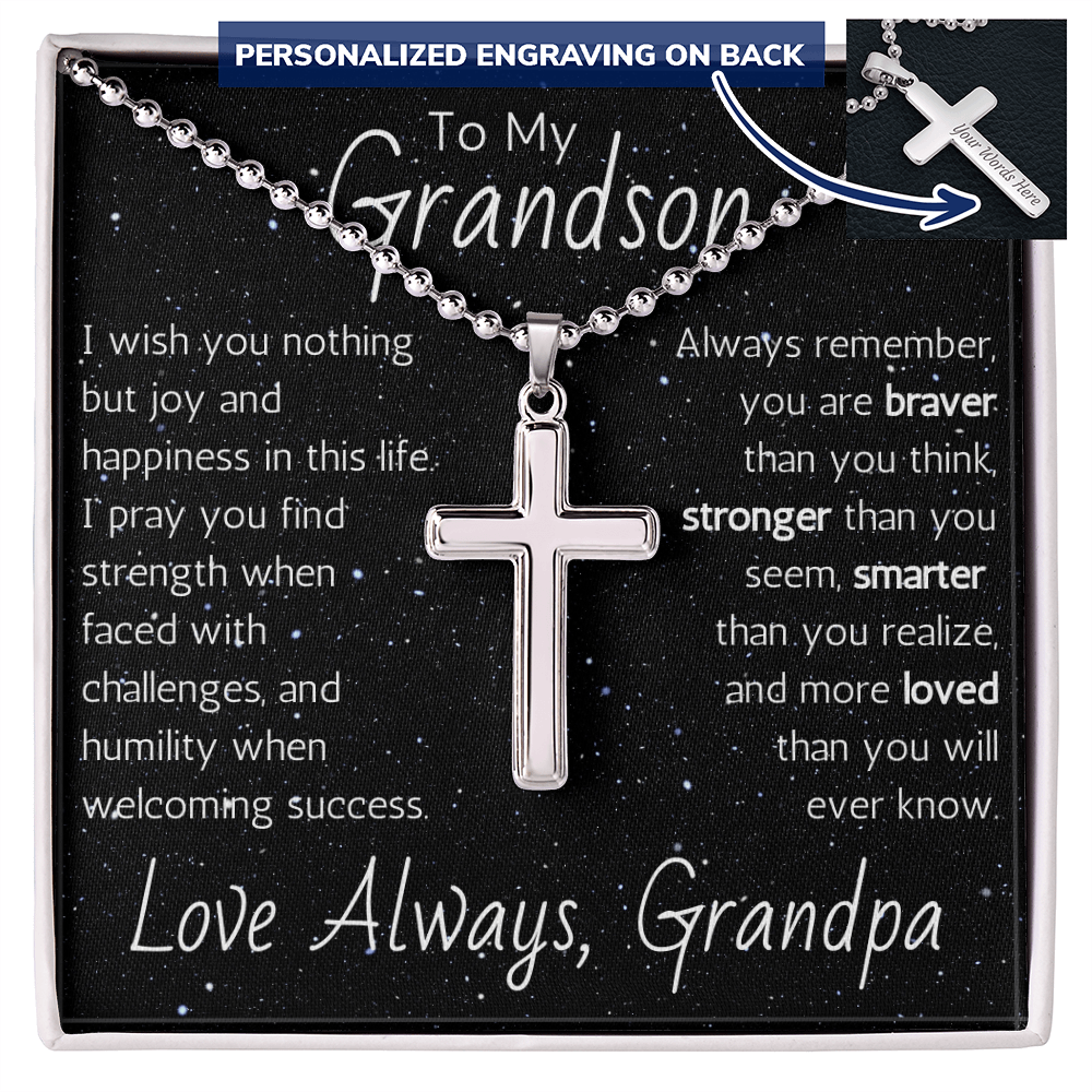Engraved Artisan Cross For Grandson From Grandpa - Ball Chain