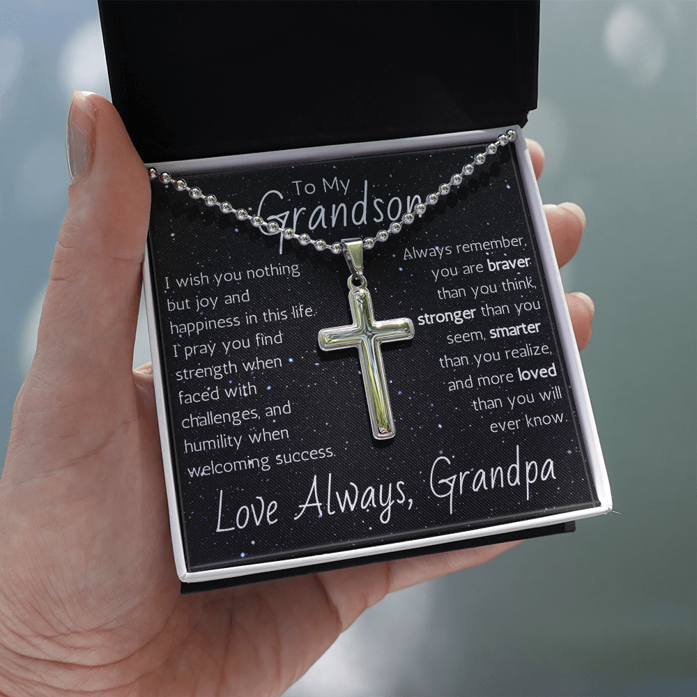 Engraved Artisan Cross For Grandson From Grandpa - Ball Chain