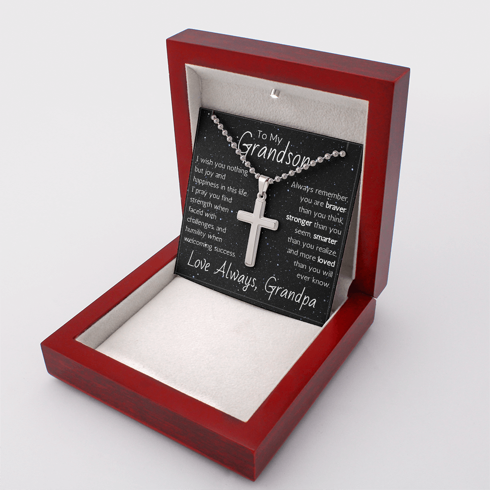 Engraved Artisan Cross For Grandson From Grandpa - Ball Chain
