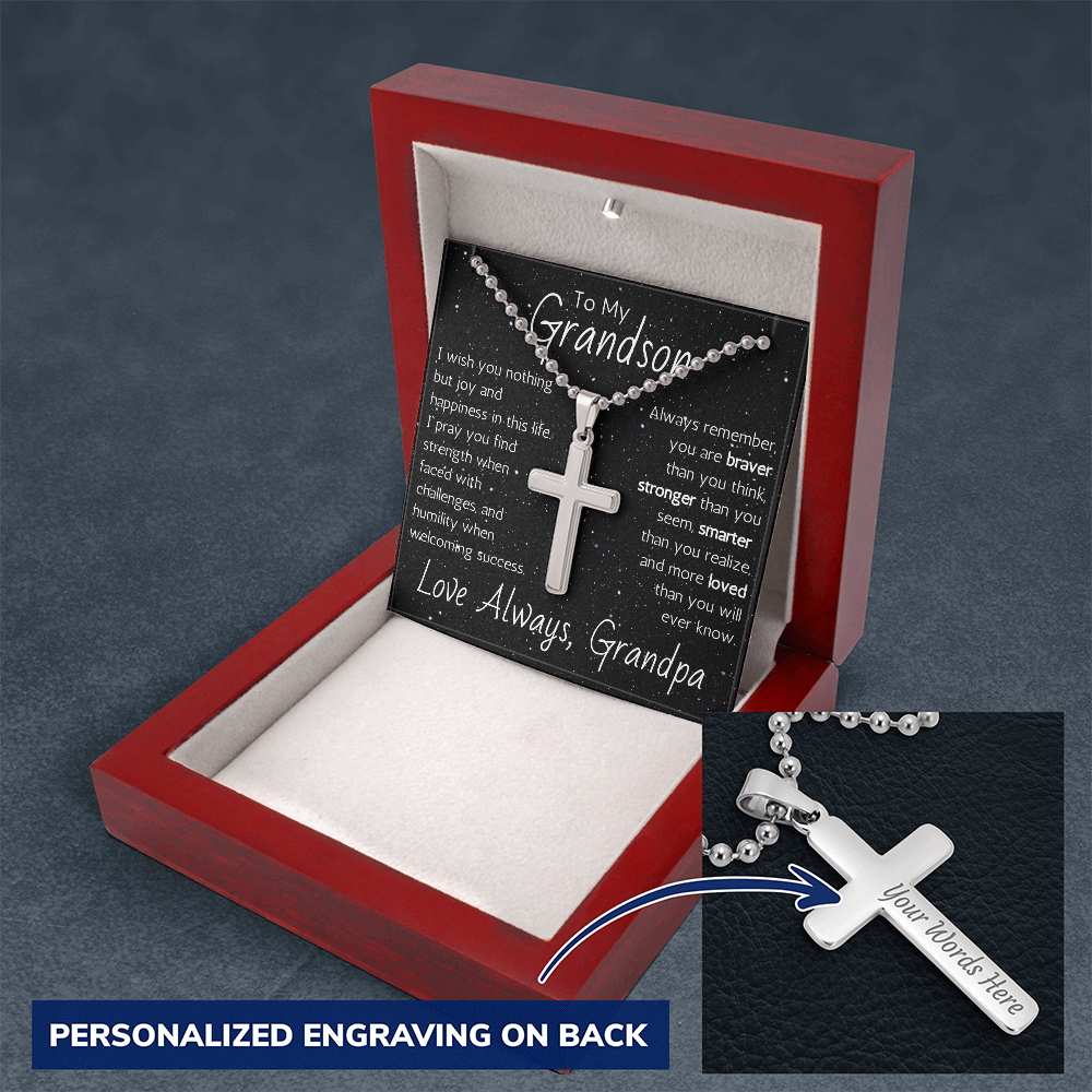 Engraved Artisan Cross For Grandson From Grandpa - Ball Chain