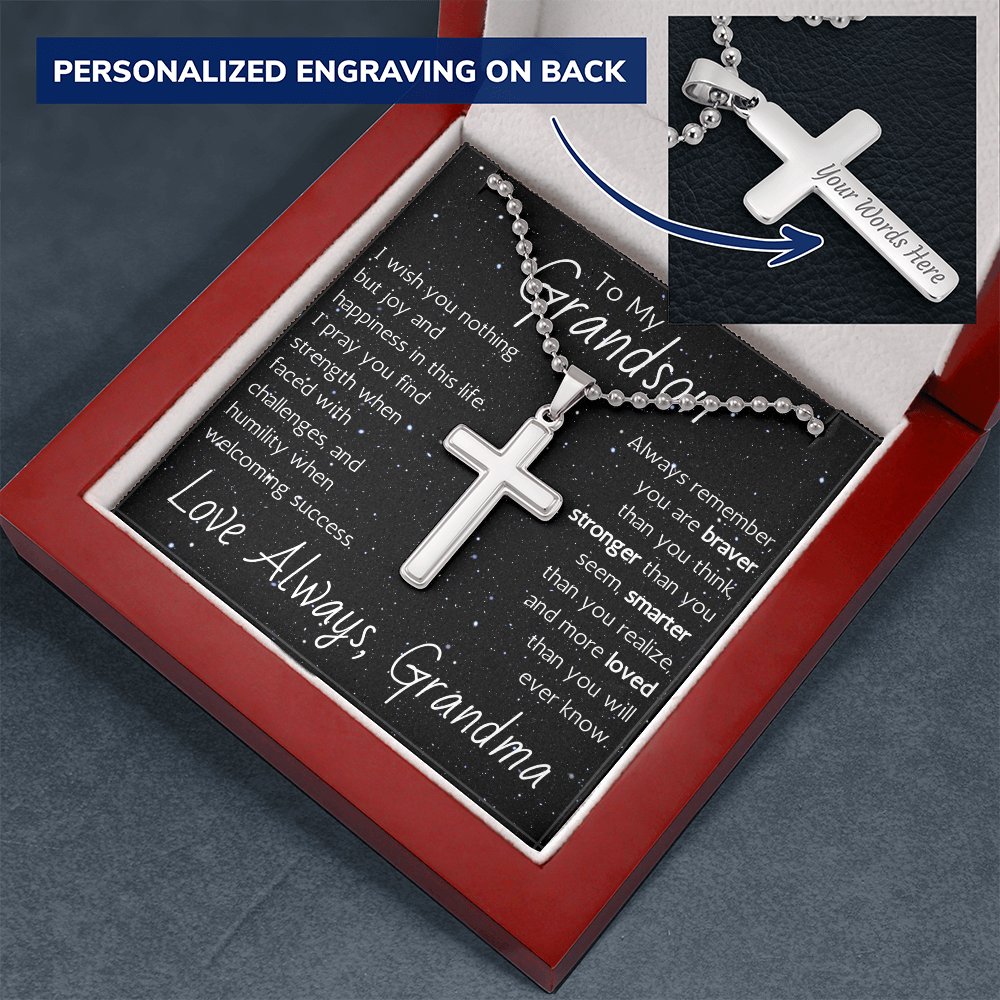 Engraved Artisan Cross For Grandson From Grandma - Ball Chain