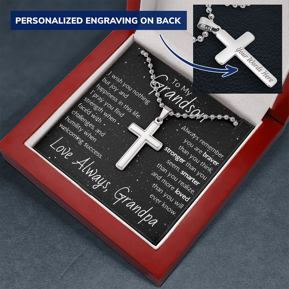 Engraved Artisan Cross For Grandson From Grandpa - Ball Chain