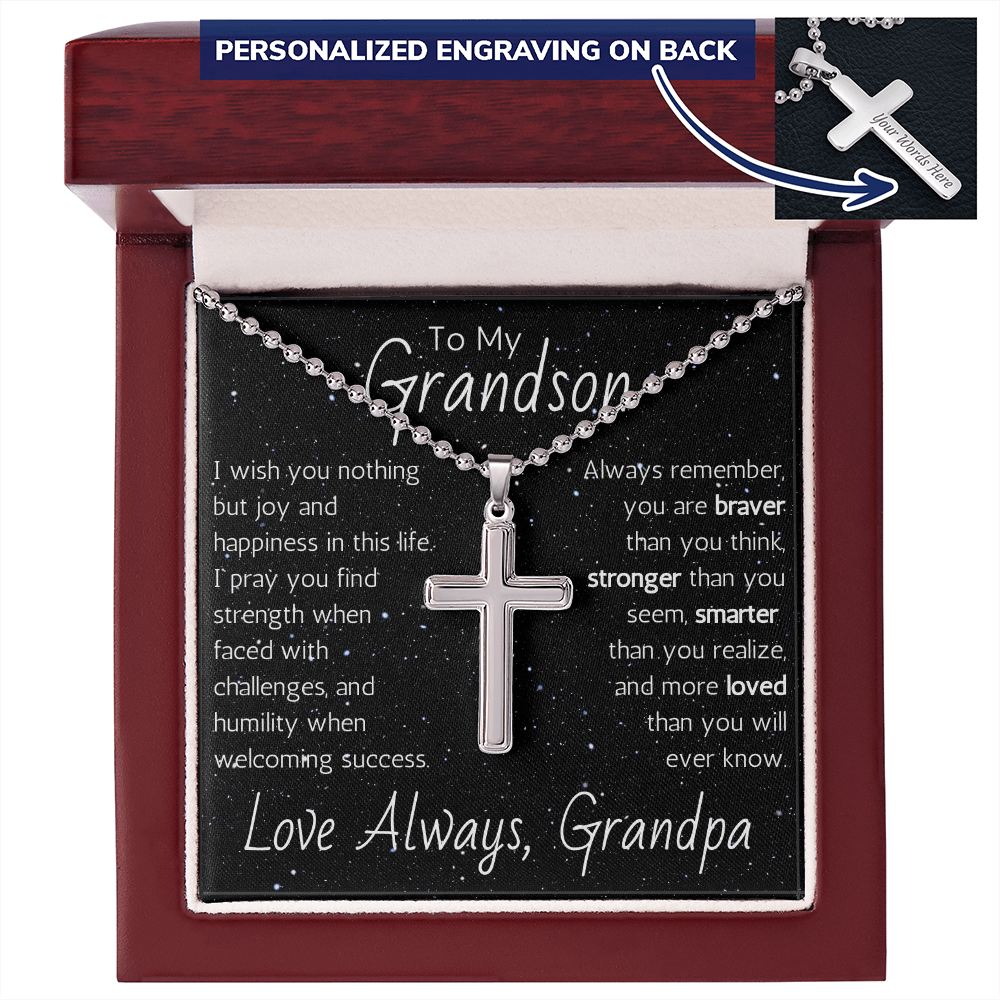 Engraved Artisan Cross For Grandson From Grandpa - Ball Chain