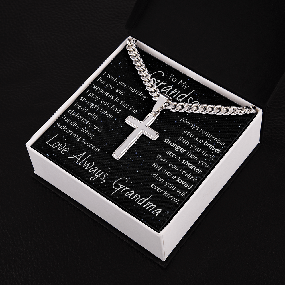 Engraved Artisan Cross For Grandson From Grandma - Cuban Link Chain