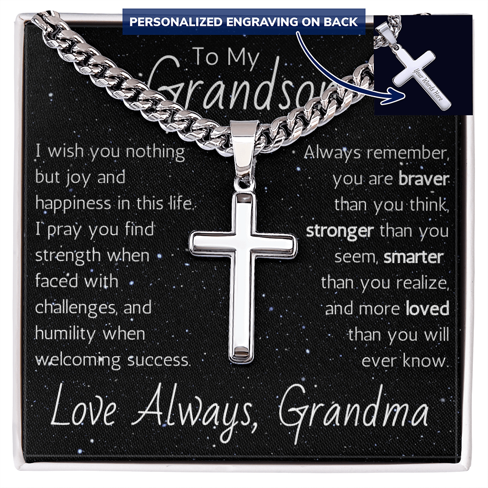 Engraved Artisan Cross For Grandson From Grandma - Cuban Link Chain