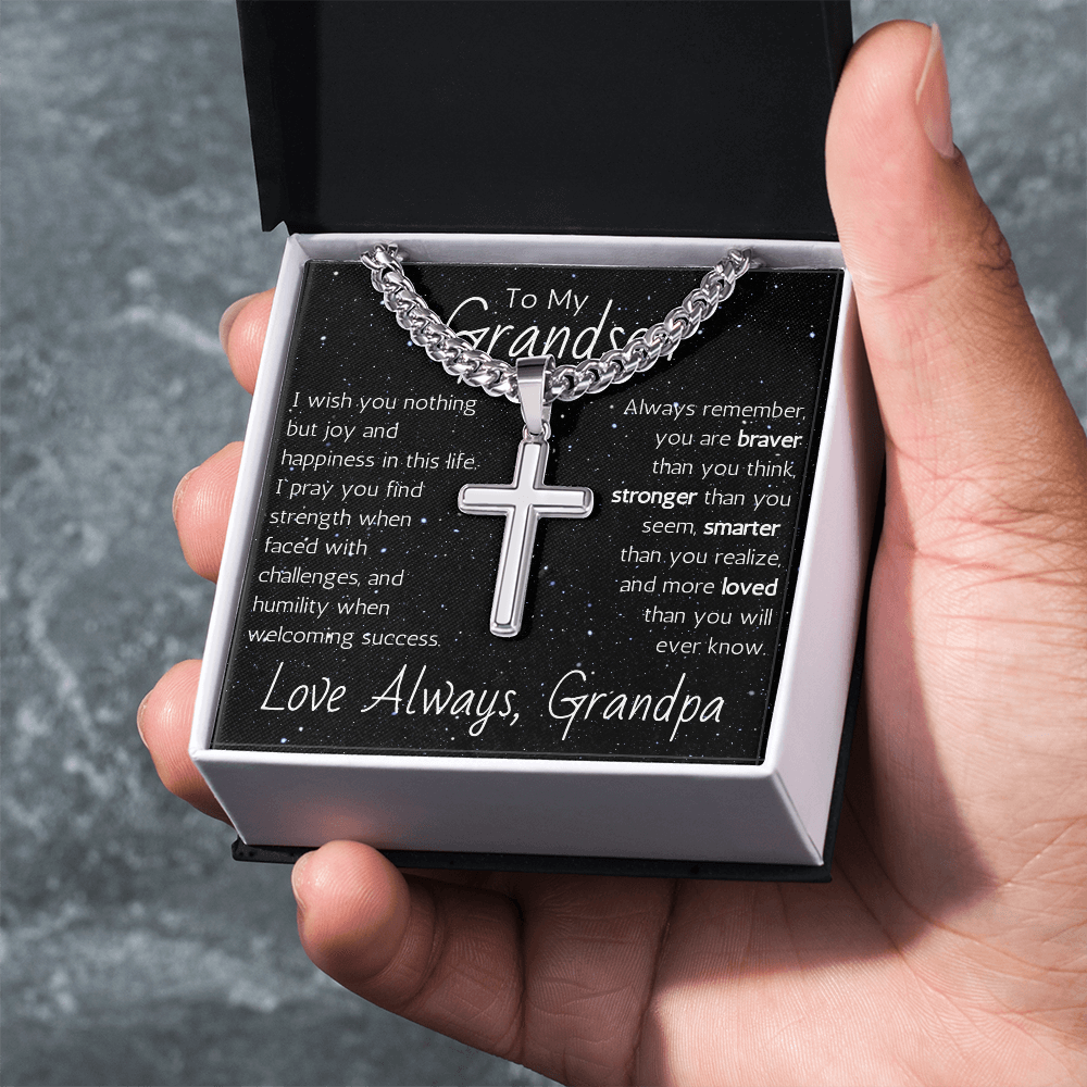 Engraved Artisan Cross For Grandson From Grandpa - Cuban Link Chain