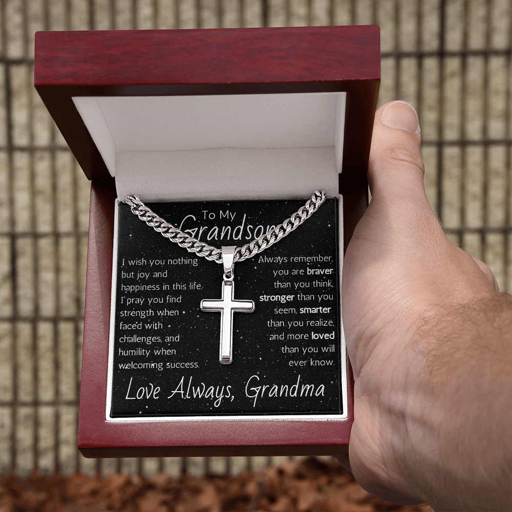 Engraved Artisan Cross For Grandson From Grandma - Cuban Link Chain