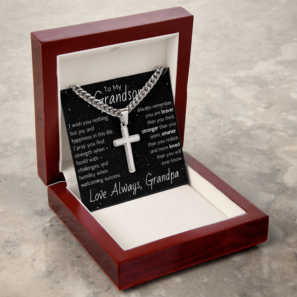Engraved Artisan Cross For Grandson From Grandpa - Cuban Link Chain