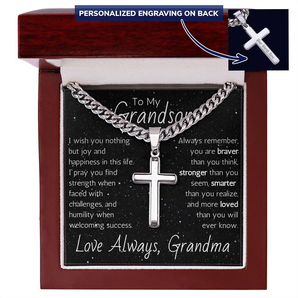 Engraved Artisan Cross For Grandson From Grandma - Cuban Link Chain