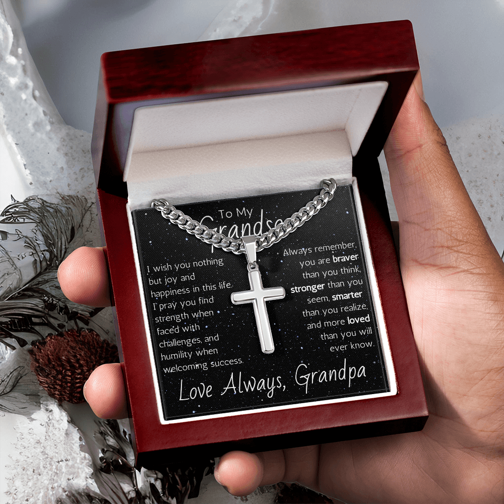 Engraved Artisan Cross For Grandson From Grandpa - Cuban Link Chain