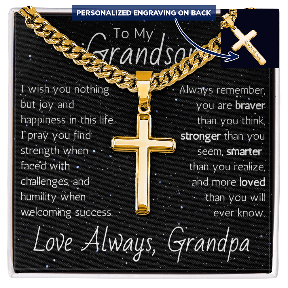 Engraved Artisan Cross For Grandson From Grandpa - Cuban Link Chain