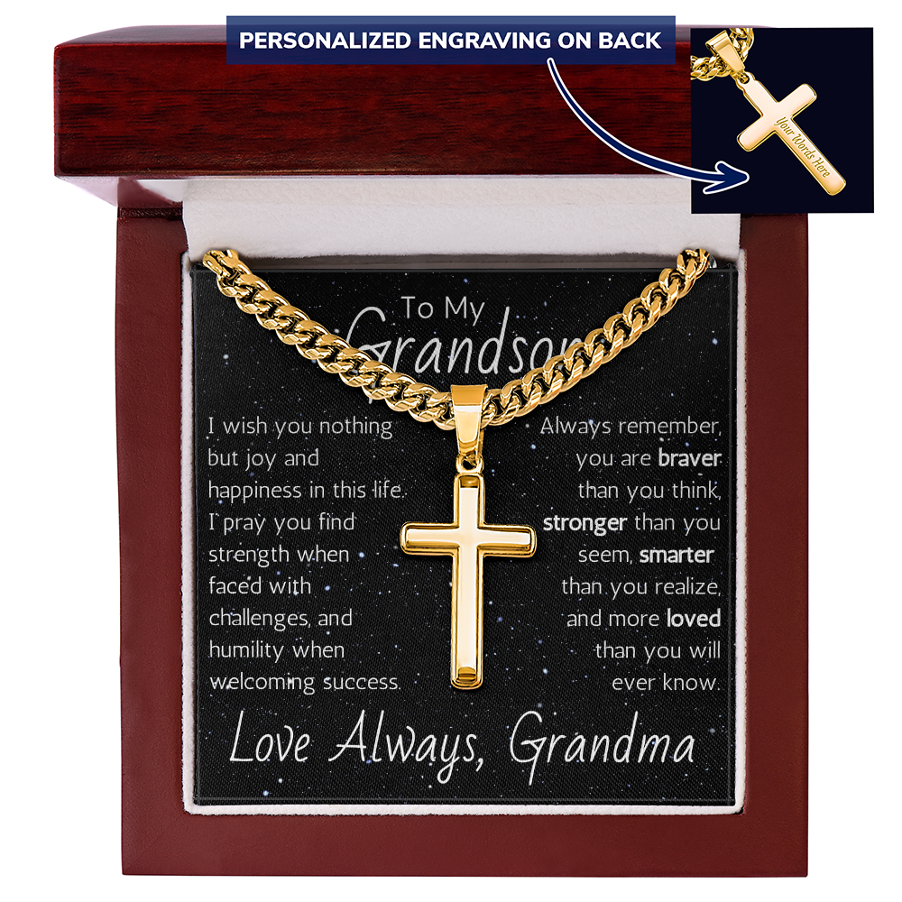 Engraved Artisan Cross For Grandson From Grandma - Cuban Link Chain