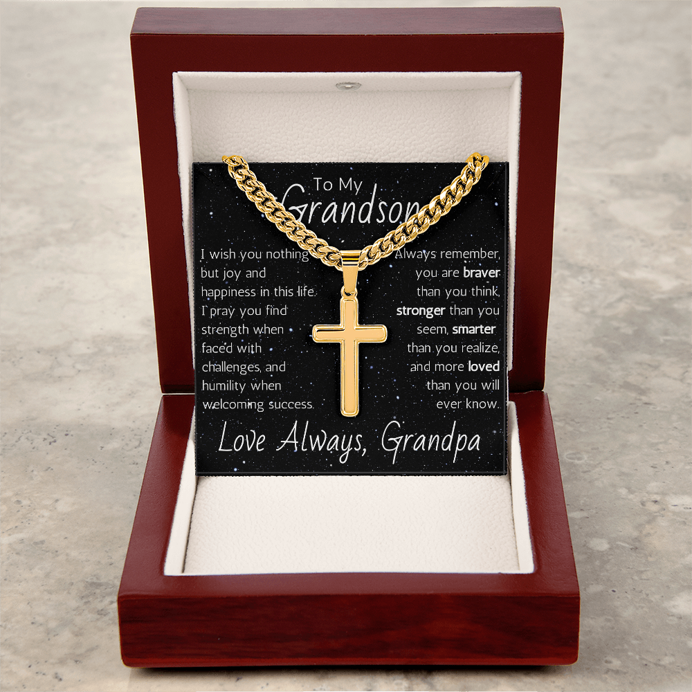 Engraved Artisan Cross For Grandson From Grandpa - Cuban Link Chain