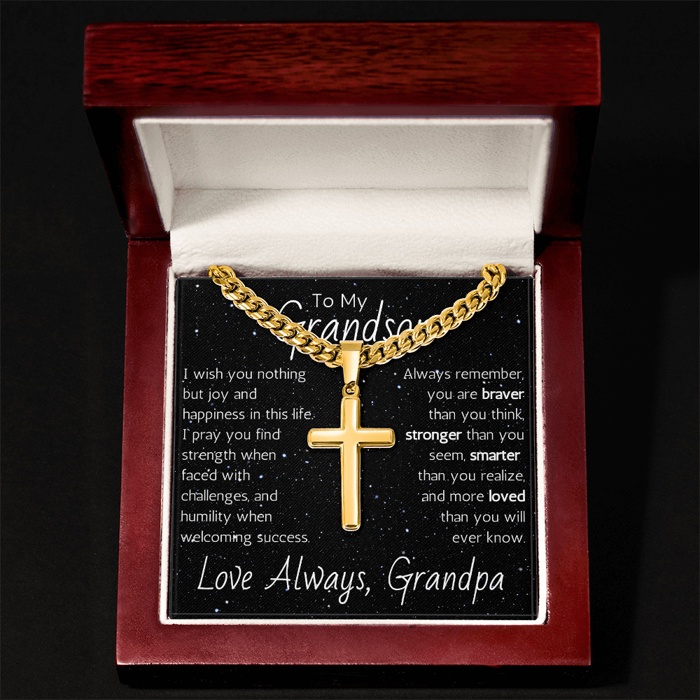 Engraved Artisan Cross For Grandson From Grandpa - Cuban Link Chain
