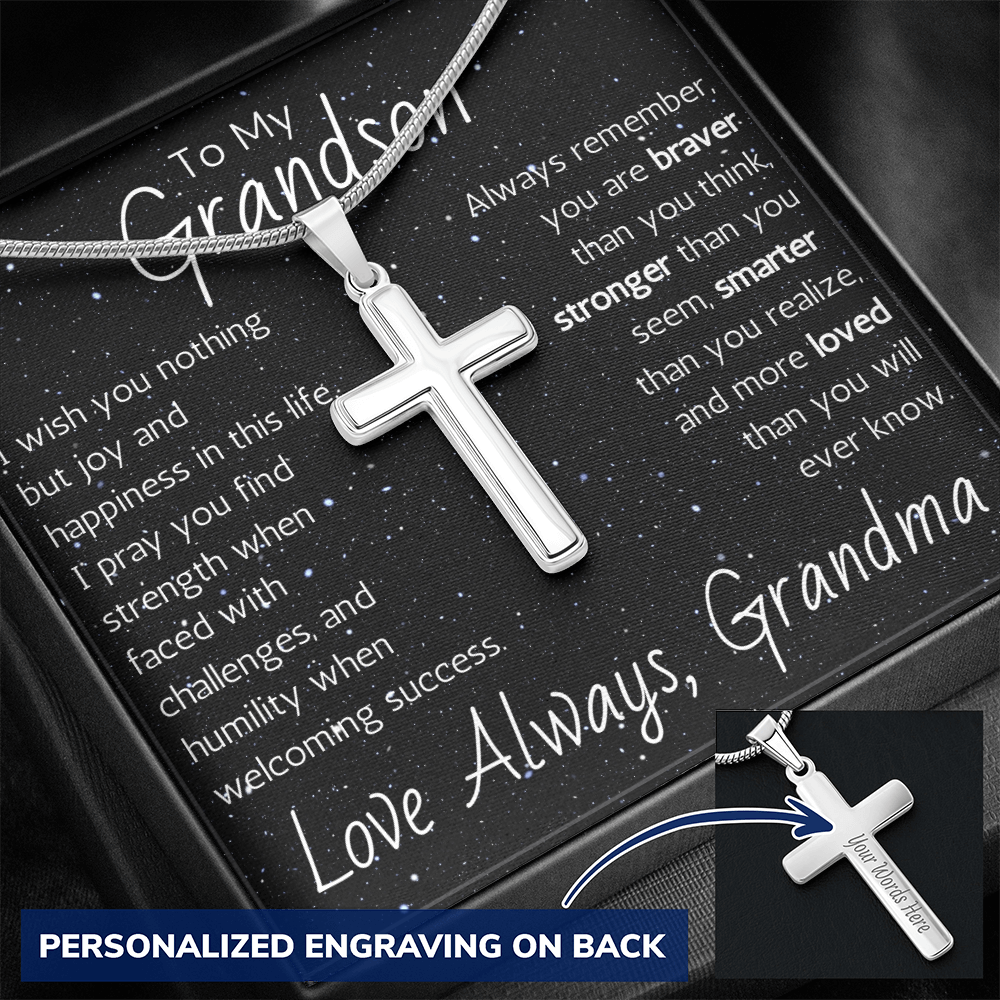 Engraved Artisan Cross For Grandson From Grandma - Snake Chain