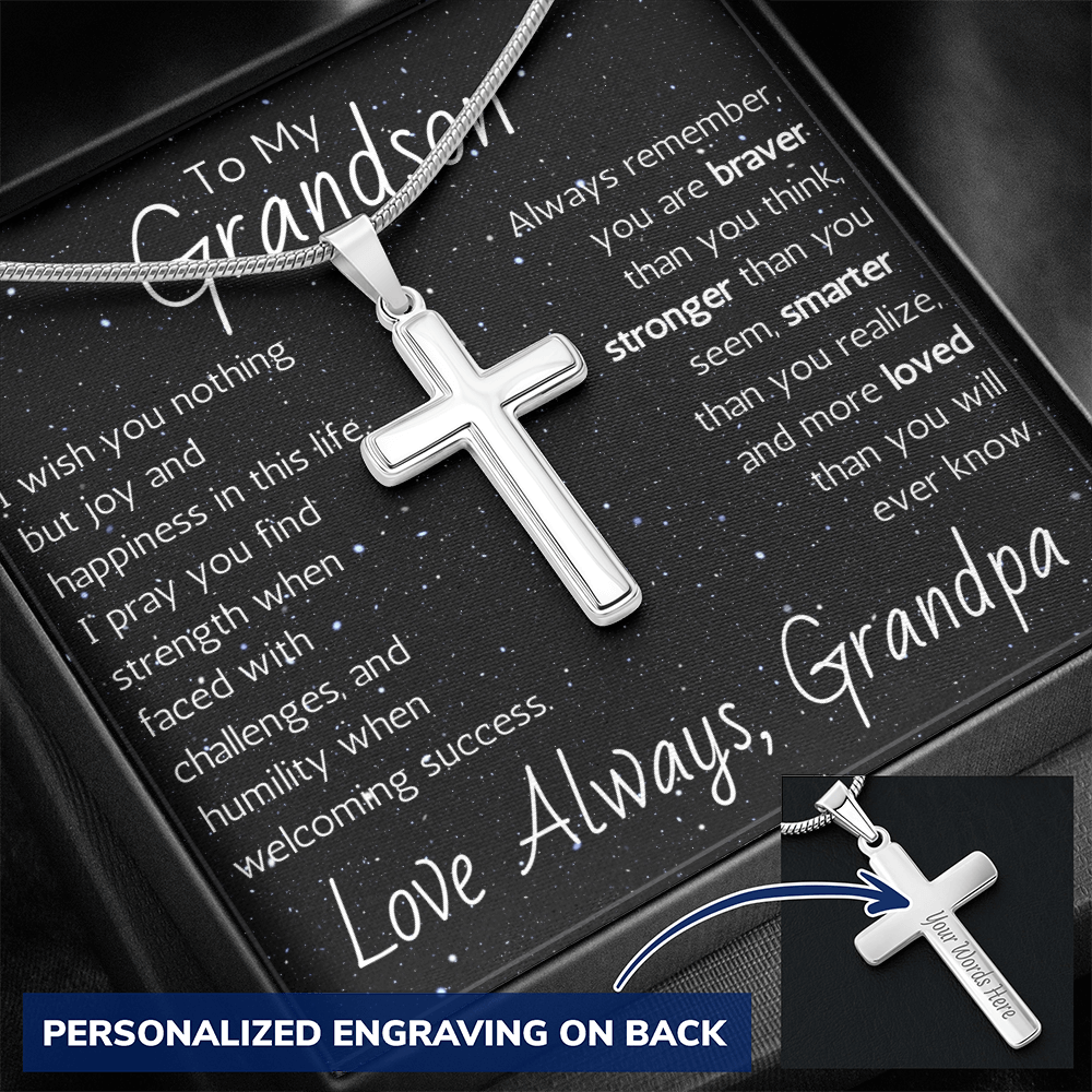 Engraved Artisan Cross For Grandson From Grandpa - Snake Chain