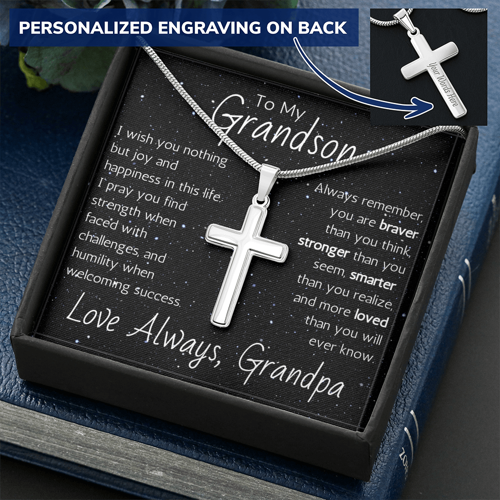 Engraved Artisan Cross For Grandson From Grandpa - Snake Chain