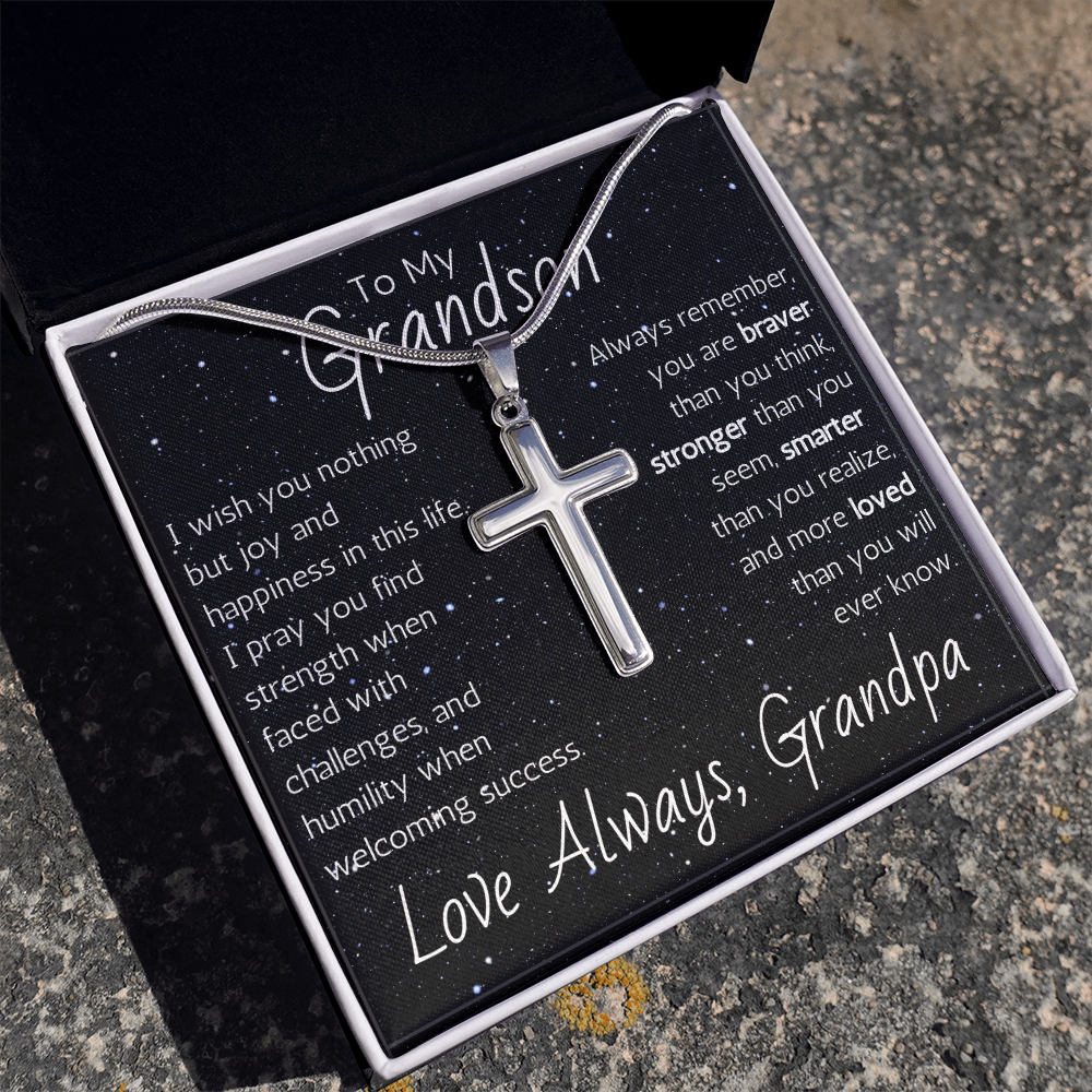 Engraved Artisan Cross For Grandson From Grandpa - Snake Chain