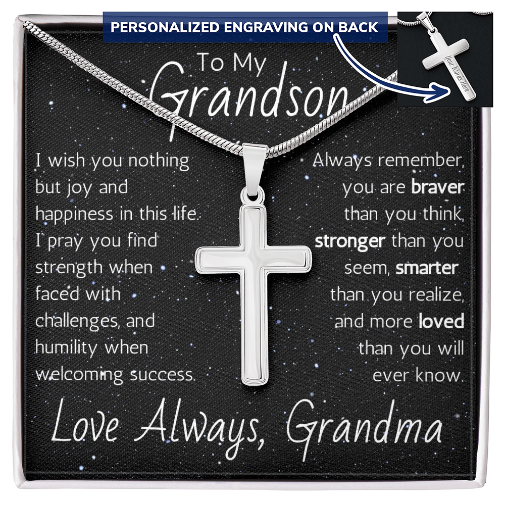 Engraved Artisan Cross For Grandson From Grandma - Snake Chain