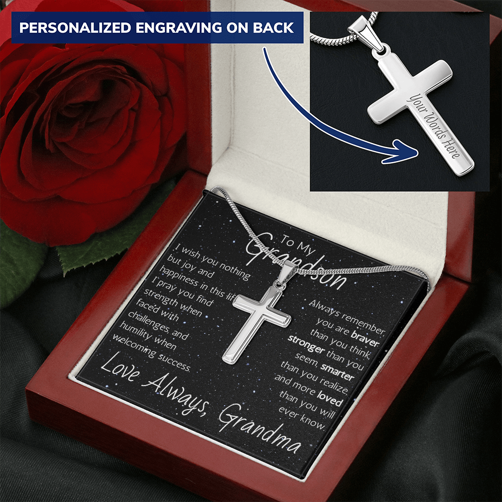 Engraved Artisan Cross For Grandson From Grandma - Snake Chain