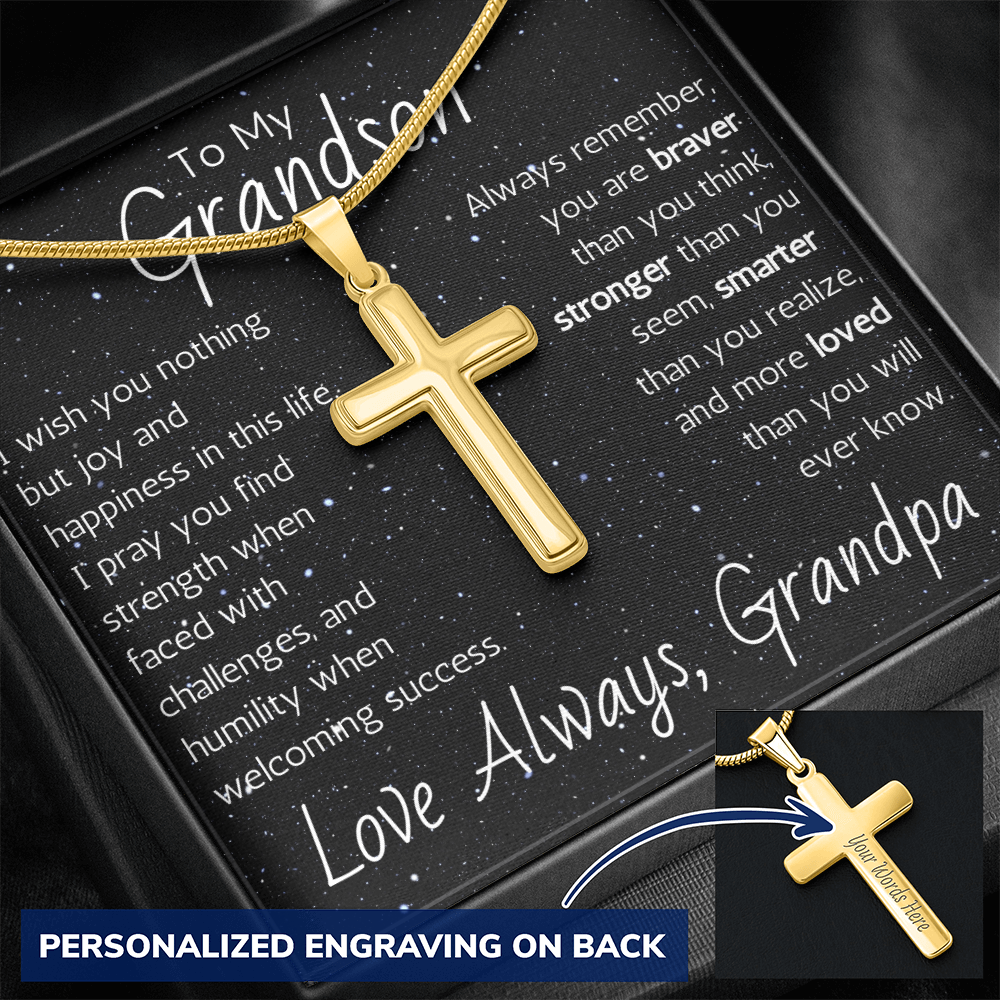 Engraved Artisan Cross For Grandson From Grandpa - Snake Chain