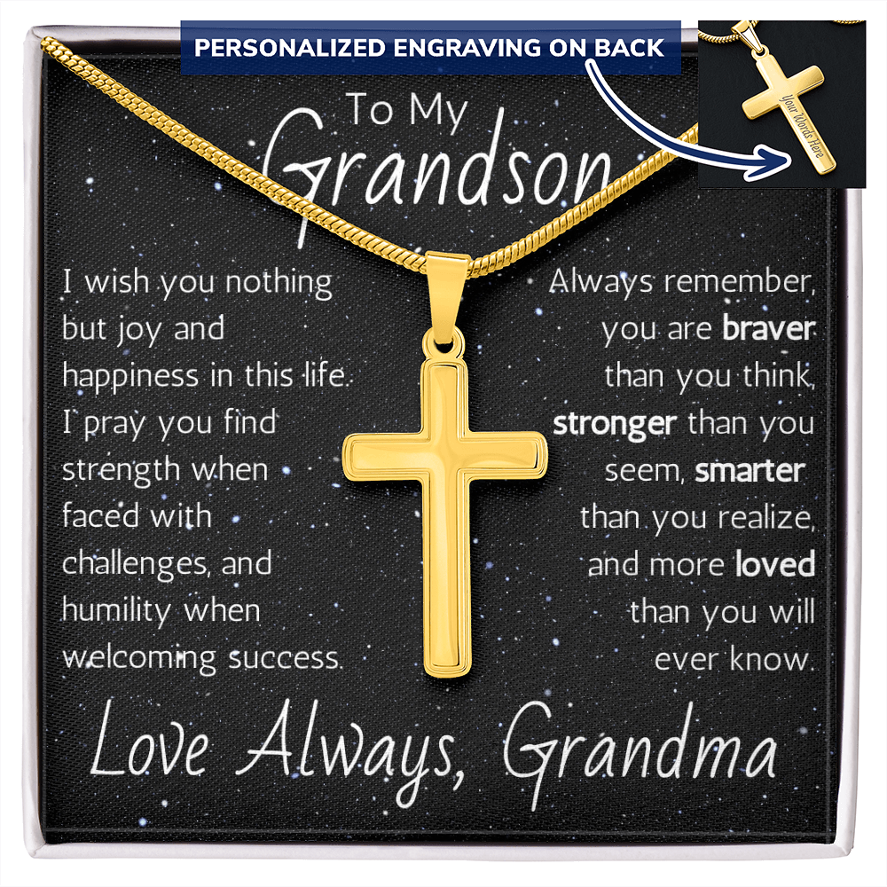 Engraved Artisan Cross For Grandson From Grandma - Snake Chain