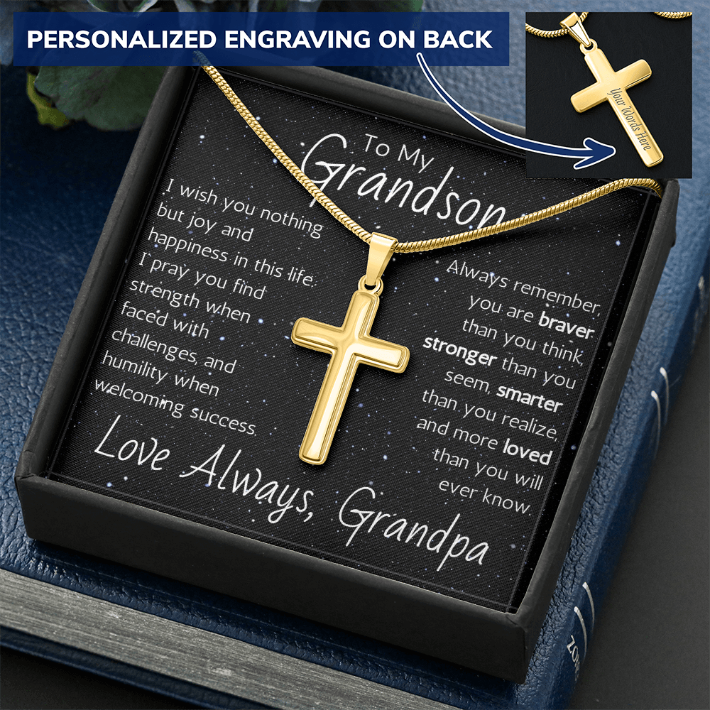Engraved Artisan Cross For Grandson From Grandpa - Snake Chain