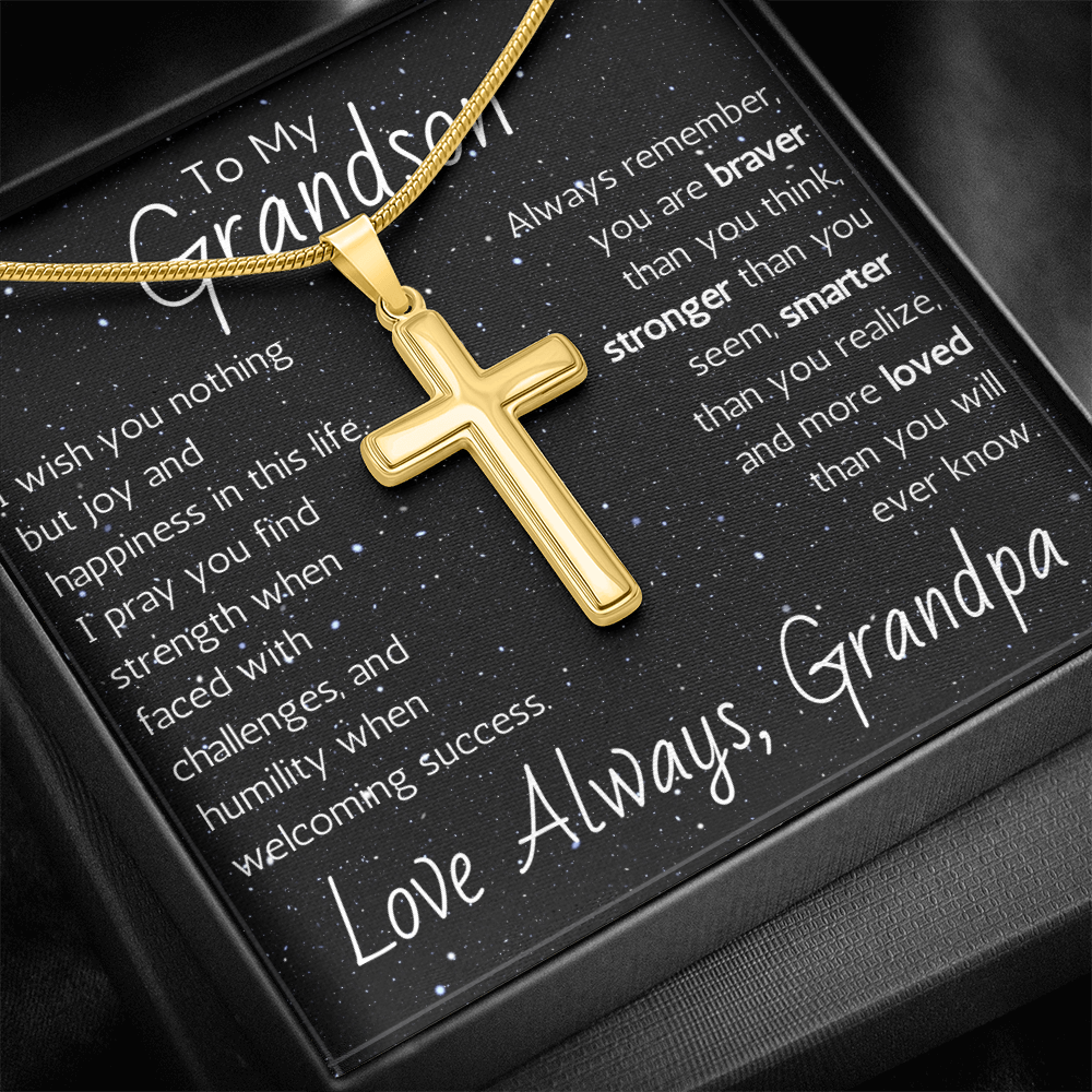 Engraved Artisan Cross For Grandson From Grandpa - Snake Chain