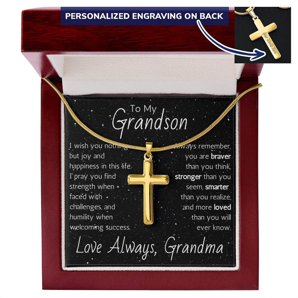 Engraved Artisan Cross For Grandson From Grandma - Snake Chain